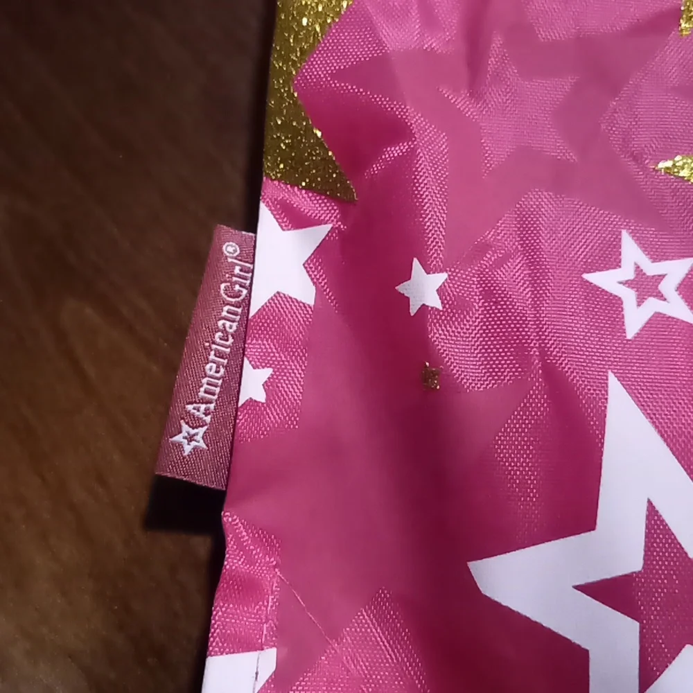 American Girl Pink & Gold Glitter Stars Drawstring Backpack Sz. 11 x 14